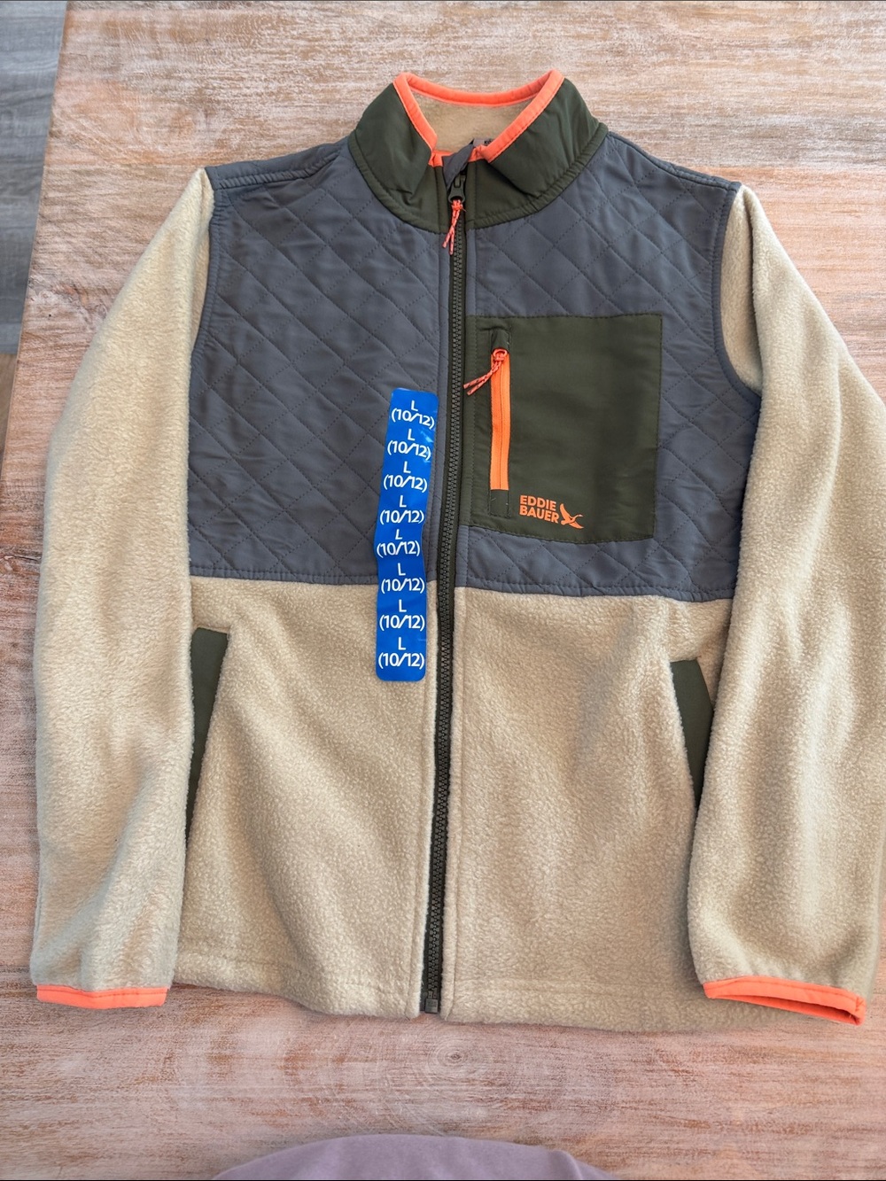 Eddie Bauer Beige Fleece Jacket with Olive Quilted Yoke and Orange Trim